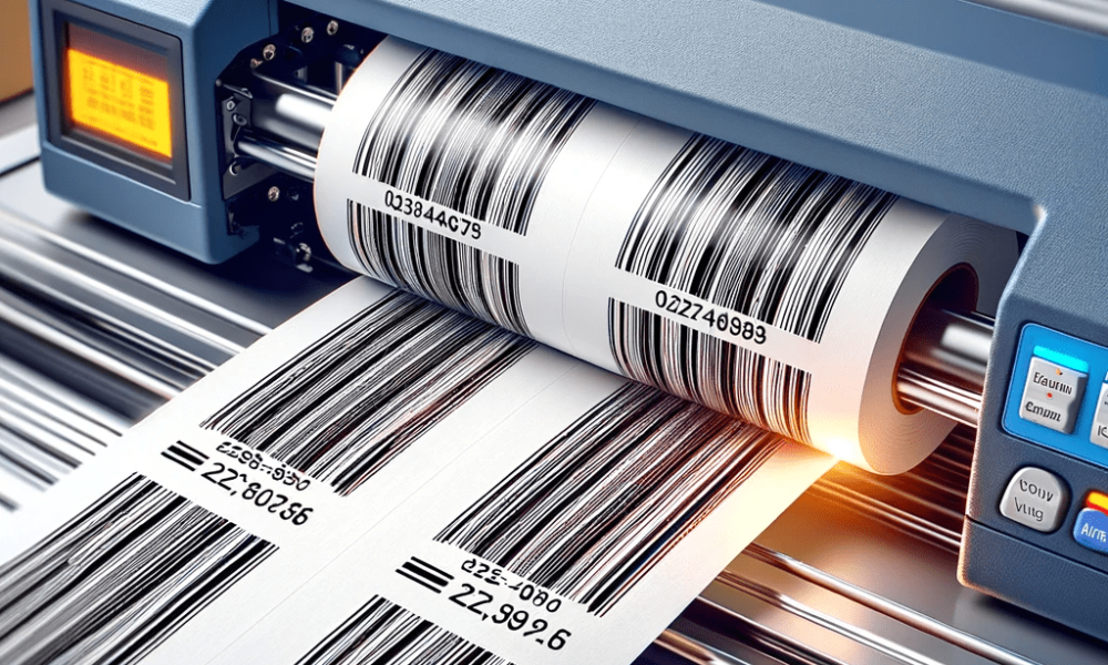 DALL·E 2023-10-28 09.01.59 - Photo of a barcode printer loaded with heat transfer paper, actively printing high-quality labels, with a close-up of the emerging label showcasing cl