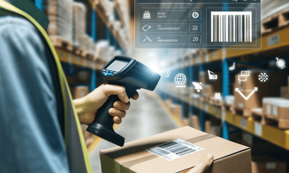 DALL·E 2023-10-28 09.02.05 - Photo of a warehouse setting where a worker is scanning a thermal paper label attached to a product, with a digital inventory management system interf