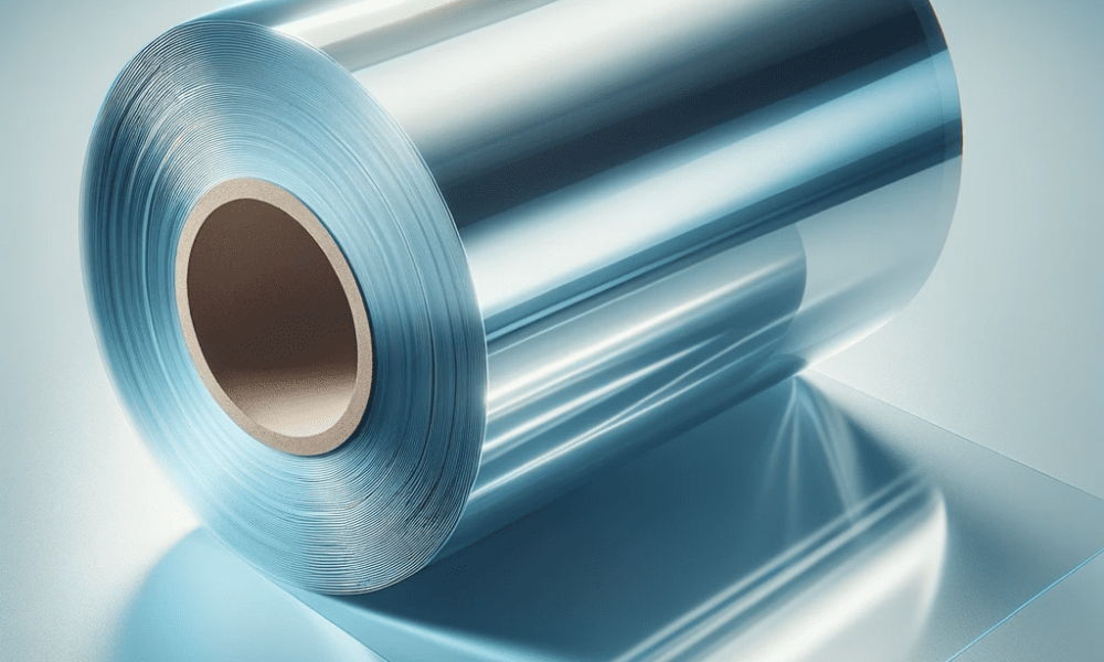 DALL·E 2023-10-29 22.30.31 - Photo of a roll of transparent PET film reflecting light, highlighting its clarity and quality