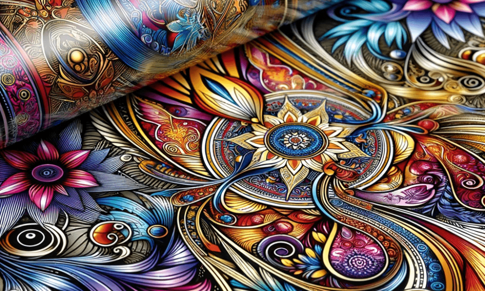 DALL·E 2023-10-29 22.51.29 - Photo of a finished printed PET film with intricate designs, demonstrating the film's ability to retain vibrant colors and sharp text