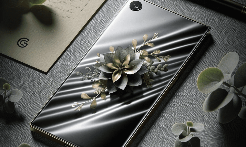 DALL·E 2023-10-29 22.52.36 - Photo of a sophisticated electronic device with a label crafted from our metallic-finished PET film, showcasing the film's aesthetic versatility in hi