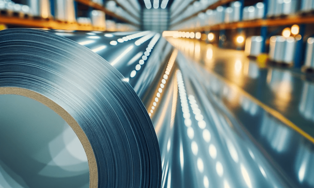 DALL·E 2023-10-29 23.28.55 - Close-up photo within the warehouse, focusing on a single roll of PET film, clearly showcasing the shiny top layer and the white backing layer of rele