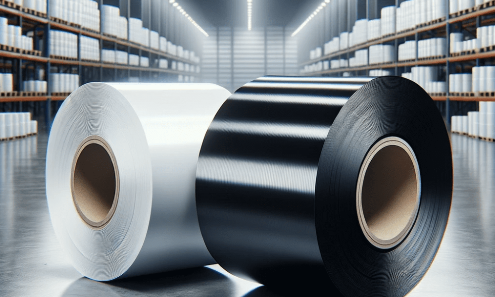 DALL·E 2023-10-30 06.15.35 - Photo of a spacious warehouse setting. Two rolls, one of white PP_PE film label and the other of black PP_PE film label, are wound around paper tubes