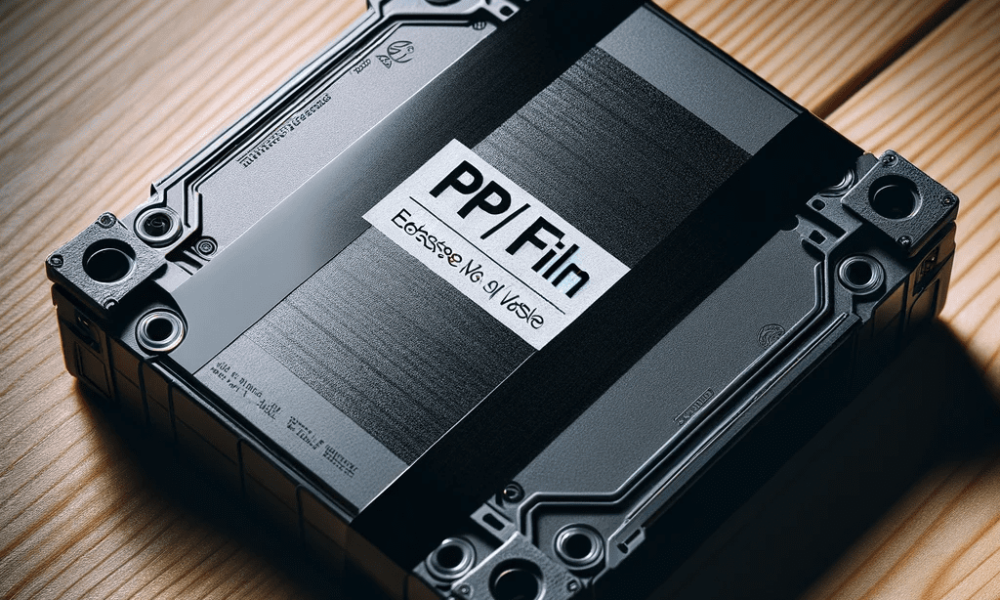 DALL·E 2023-10-30 06.19.58 - Photo of an electronic device with a black PP_PE film label on its back, emphasizing the label's durability and texture